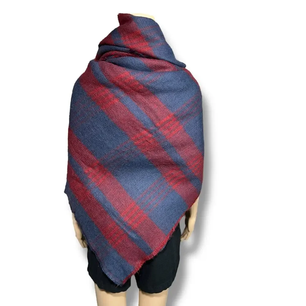 Womens Woven Knit Plaid Scarf Wrap with Fringe Blue Red Soft and Warm